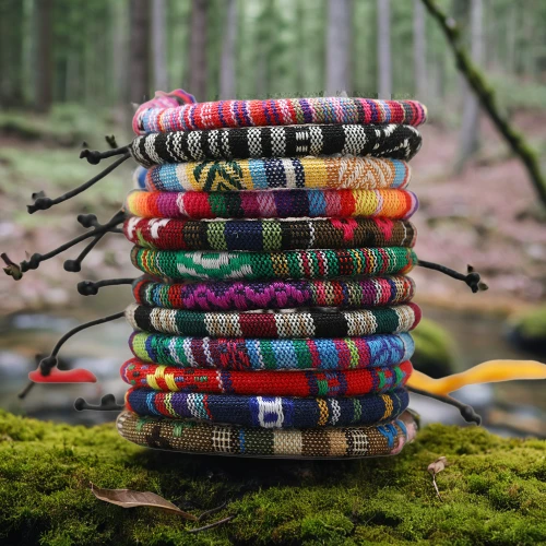 hiking socks,collection of ties,tibetan prayer flags,bracelets,colorful bunting,alpine hats,natural rope,trekking poles,hippie fabric,trees with stitching,knitting wool,photos on clothes line,hiking equipment,stacking stones,tartan colors,sock yarn,stacked rocks,stack of stones,knitting clothing,prayer flags