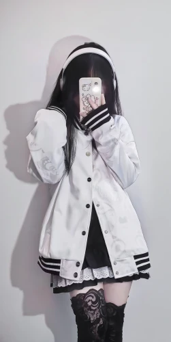 kantai collection sailor,rain suit,mime,parka,mime artist,pvc,delta sailor,sailor,nun,jacket,japanese idol,anime japanese clothing,harajuku,kawaii panda,windbreaker,white and black color,doll looking in mirror,maid,white and black,raincoat