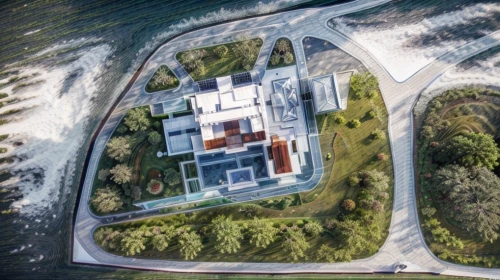 artificial island,hydropower plant,house by the water,house with lake,mansion,large home,island church,private estate,house of the sea,military fort,coastal protection,rügen island,dunes house,sewage treatment plant,luxury property,bird's-eye view,villa,julkula,aerial shot,helipad,Landscape,Landscape design,Landscape Plan,Realistic