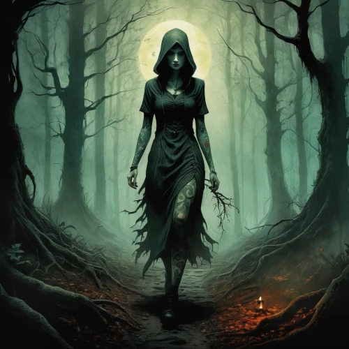 haunted forest,the enchantress,forest dark,dryad,gothic woman,sorceress,the witch,black forest,dark art,slender,mystery book cover,devilwood,halloween poster,hollow way,scary woman,dark park,game illustration,girl with tree,haunt,the woods,Illustration,Paper based,Paper Based 18