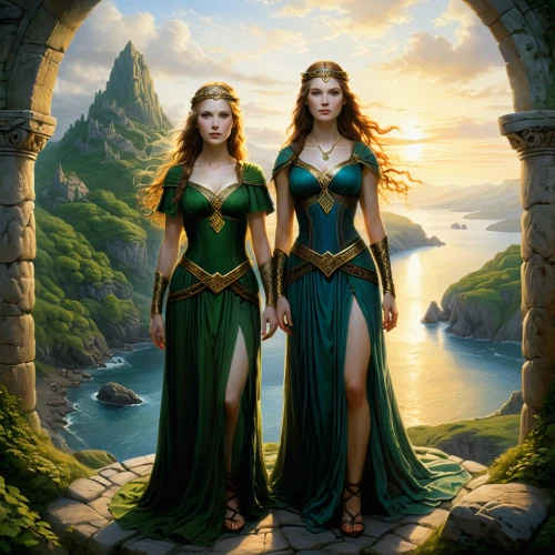 celtic woman,heroic fantasy,fantasy picture,elves,guards of the canyon,druids,fantasy art,fantasy portrait,celtic queen,tour to the sirens,angels of the apocalypse,elven,elves flight,lionesses,sirens,elven forest,cg artwork,emerald sea,fantasy woman,mother and daughter,Conceptual Art,Fantasy,Fantasy 28