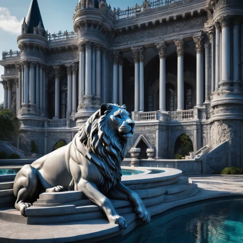 lion fountain,caesars palace,lion capital,marble palace,lion white,neoclassical,capitoline wolf,3d render,vittoriano,royal tiger,belvedere,3d rendering,lion,luxury property,stone lion,kunsthistorisches museum,mansion,venetian,render,3d rendered,Photography,General,Fantasy