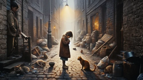 the pied piper of hamelin,rescue alley,the cobbled streets,alley,photo manipulation,alley cat,sci fiction illustration,world digital painting,photomanipulation,girl walking away,medieval street,alleyway,narrow street,digital compositing,incidence of light,cobblestones,peddler,blind alley,image manipulation,fantasy picture