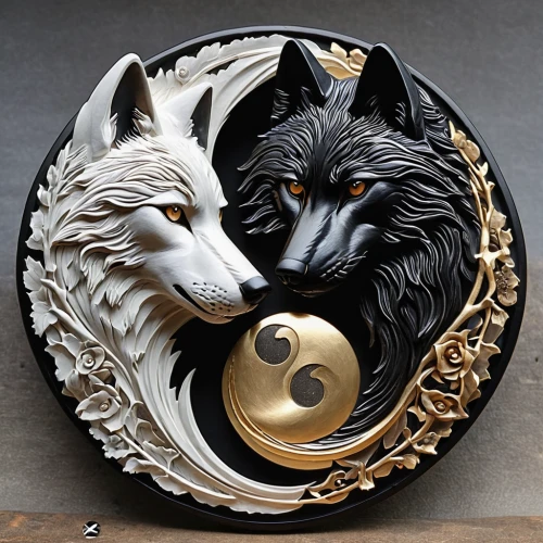 decorative plate,yinyang,yin-yang,yin yang,wolf couple,yin and yang,two wolves,wooden plate,kitsune,silversmith,fox and hare,wood carving,wood art,fairy tale icons,decorative art,stoneware,wall plate,sun and moon,silver lacquer,foxes
