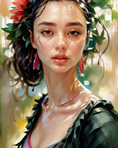 girl in a wreath,girl in flowers,digital painting,fantasy portrait,flora,flower crown,romantic portrait,flower painting,tropical bloom,flower girl,mystical portrait of a girl,girl portrait,blooming wreath,wreath of flowers,jasmine blossom,floral wreath,summer crown,world digital painting,blossom,flower hat