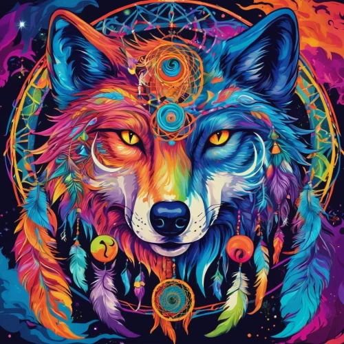 psychedelic art,wolves,constellation wolf,shamanic,cosmic eye,dream catcher,howling wolf,shamanism,dreamcatcher,wolf,two wolves,third eye,psychedelic,kaleidoscope art,howl,cosmic,kaleidoscope,kaleidoscope website,zodiac sign leo,tapestry,Conceptual Art,Oil color,Oil Color 23