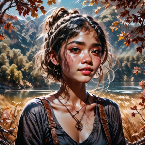 fantasy portrait,mystical portrait of a girl,world digital painting,fantasy art,girl with tree,digital painting,fantasy picture,autumn icon,the autumn,oil painting on canvas,digital art,rosa ' amber cover,tears bronze,girl portrait,autumn idyll,girl on the river,angel's tears,portrait of a girl,autumn,autumn background