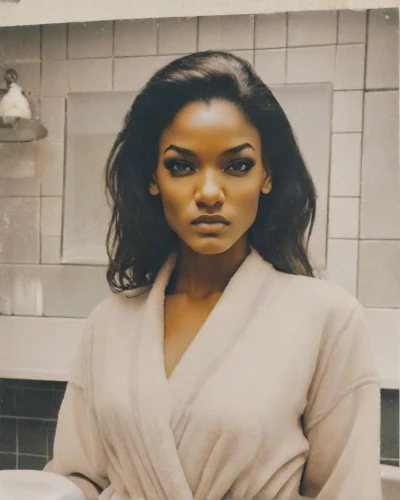 tiana,ebony,bathrobe,lando,polaroid,vogue,santana,maria bayo,iman,sudan,nigeria woman,jedi,mocha,african american woman,magazine cover,business woman,jade,magazine - publication,photo shoot in the bathroom,model