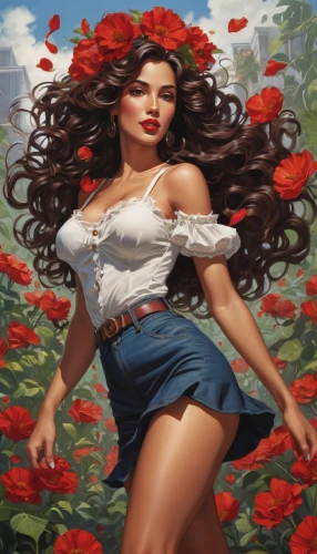 rosa ' amber cover,girl in flowers,red roses,valentine day's pin up,flower of passion,valentine pin up,wild roses,red petals,beautiful girl with flowers,red flowers,pin-up girl,retro pin up girl,rosebushes,flower background,falling flowers,way of the roses,rosa bonita,pin up girl,scent of roses,red flower,Illustration,American Style,American Style 07