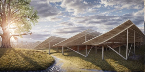 eco-construction,cube stilt houses,eco hotel,3d rendering,roof landscape,permaculture,straw roofing,solar cell base,grass roof,ecological sustainable development,stilt houses,roof structures,archidaily,school design,daylighting,floating huts,hanging houses,timber house,garden buildings,render