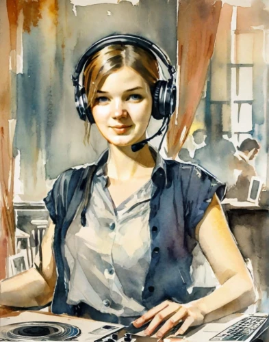 girl at the computer,headset,telephone operator,operator,dj,wireless headset,painting technique,watercolor painting,woman at cafe,coffee watercolor,watercolor,headphones,disc jockey,headphone,girl studying,artist portrait,disk jockey,headset profile,newscaster,barista