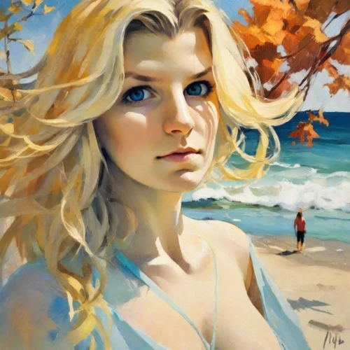 blonde woman,the blonde in the river,blonde girl,blond girl,oil painting,girl on the dune,fantasy portrait,romantic portrait,elsa,beach background,young woman,beach landscape,girl portrait,palomino,by the sea,sea breeze,oil painting on canvas,beach scenery,woman portrait,girl on the river