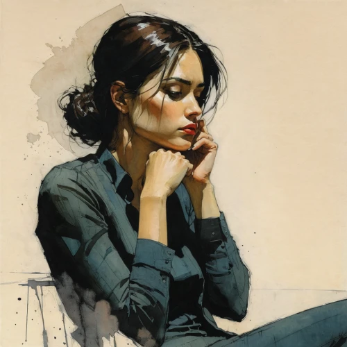 woman sitting,girl sitting,woman thinking,fashion illustration,woman at cafe,pensive,young woman,girl portrait,woman portrait,girl drawing,girl in a long,depressed woman,girl studying,portrait of a girl,thoughtful,smoking girl,study,contemplative,contemplation,thinker,Illustration,Paper based,Paper Based 05