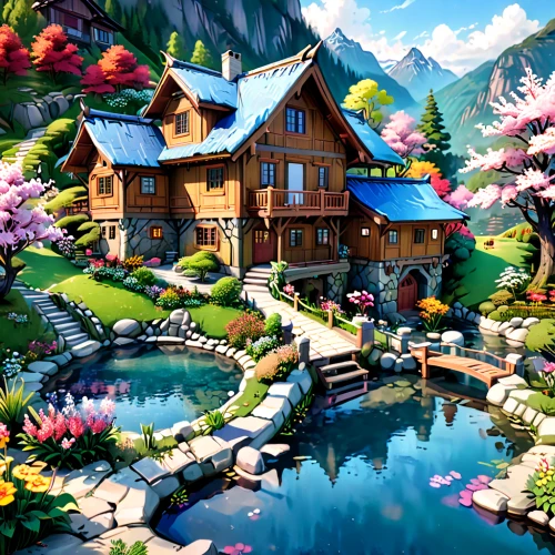 alpine village,house in mountains,home landscape,summer cottage,house in the mountains,beautiful home,house with lake,cottage,house by the water,mountain village,idyllic,landscape background,the cabin in the mountains,pool house,wooden houses,mountain huts,chalet,house in the forest,mountain settlement,little house,Anime,Anime,General