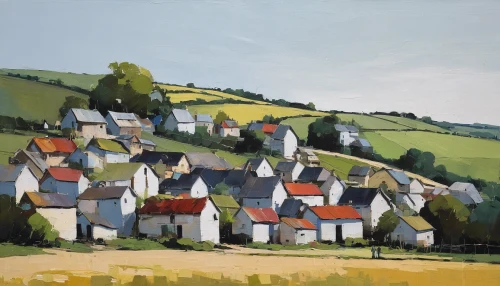 shaftesbury,cottages,basset artésien normand,escher village,braque du bourbonnais,dunrobin,homberg,braque d'auvergne,freudenberg,moret-sur-loing,home landscape,gable field,ardennes,sussex,creuse,village scene,houses,row of houses,rural landscape,groenendael,Conceptual Art,Oil color,Oil Color 02