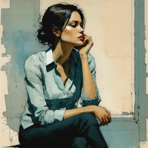 woman sitting,girl sitting,woman thinking,woman portrait,fashion illustration,woman at cafe,girl portrait,young woman,smoking girl,girl in a long,pensive,italian painter,artist portrait,girl studying,portrait of a girl,depressed woman,girl smoke cigarette,the girl at the station,bloned portrait,thoughtful,Illustration,Paper based,Paper Based 05