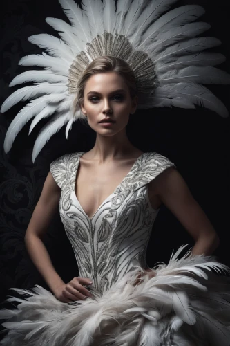 feather headdress,white feather,bridal clothing,ostrich feather,headdress,prince of wales feathers,swan feather,feathers,plumage,mourning swan,white swan,suit of the snow maiden,bridal dress,white rose snow queen,feathered,wedding gown,feather jewelry,feathers bird,evening dress,wedding dresses,Illustration,Black and White,Black and White 12