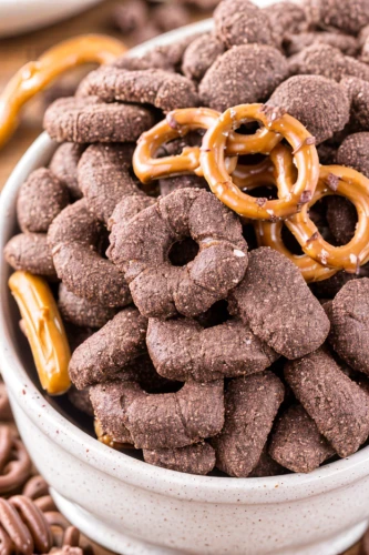 chocolate wafers,complete wheat bran flakes,lebkuchen,food additive,chocolate-coated peanut,puppy chow,speculoos,mixed nuts,pretzels,gingerbread buttons,salt pretzels,nonpareils,cocoa powder,dried cloves,chocolate chips,pralines,breakfast cereal,cinnamon stars,trail mix,dried fruit
