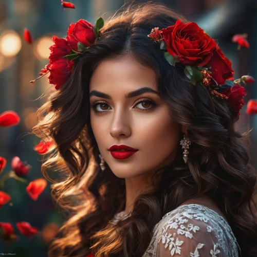 beautiful girl with flowers,romantic portrait,romantic look,with roses,red roses,girl in flowers,red flowers,rose wreath,red rose,floral wreath,vintage woman,indian bride,scent of roses,romantic rose,red flower,red petals,indian woman,portrait photography,roses,splendor of flowers,Photography,General,Fantasy