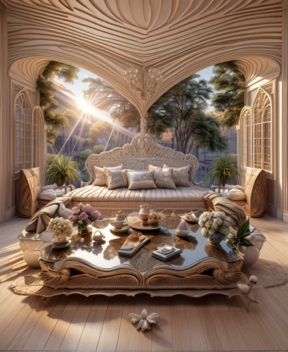 canopy bed,ornate room,3d rendering,sleeping room,luxury home interior,wooden beams,great room,interior design,bedroom,patterned wood decoration,luxury property,luxurious,chaise lounge,living room,cabana,interior decoration,bridal suite,wooden decking,beautiful home,livingroom