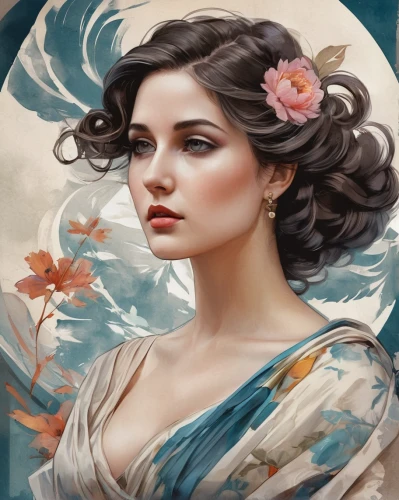 fantasy portrait,victorian lady,flora,romantic portrait,rosa ' amber cover,gardenia,digital painting,artemisia,portrait background,world digital painting,eglantine,jasmine blossom,vintage woman,rose flower illustration,mystical portrait of a girl,widow flower,rosa,flower painting,fantasy art,geisha,Conceptual Art,Fantasy,Fantasy 23