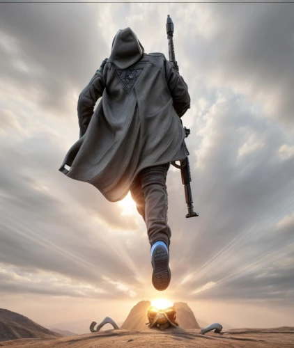 heroic fantasy,the wanderer,angel moroni,wind warrior,lone warrior,hooded man,assassin,don quixote,figure of justice,man holding gun and light,biblical narrative characters,highlander,swordsman,shaolin kung fu,justitia,digital compositing,photo manipulation,cg artwork,scythe,unknown soldier,Common,Common,Natural
