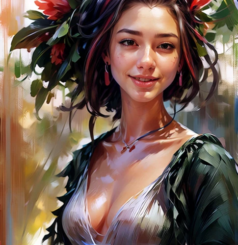 girl in a wreath,girl in flowers,fantasy portrait,polynesian girl,moana,romantic portrait,flora,flower painting,wreath of flowers,digital painting,girl portrait,beautiful girl with flowers,flower girl,floral wreath,blooming wreath,mystical portrait of a girl,elven flower,flower crown,flower fairy,vietnamese woman