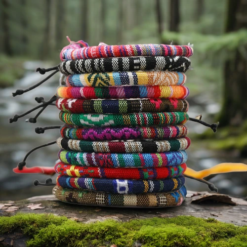 tibetan prayer flags,collection of ties,alpine hats,knitting wool,colorful bunting,bracelets,hiking socks,prayer flags,trekking poles,sock yarn,knitting clothing,hippie fabric,bangles,natural rope,yarn,photos on clothes line,stacking stones,knitting laundry,sewing thread,needlecraft