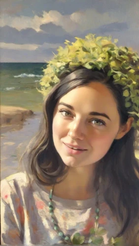 girl in flowers,girl in a wreath,girl with tree,portrait background,custom portrait,oil painting,girl on the dune,hula,photo painting,beach background,fantasy portrait,portrait of a girl,girl portrait,young woman,mystical portrait of a girl,world digital painting,artist portrait,beautiful girl with flowers,girl on the river,romantic portrait