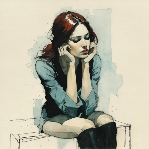 woman sitting,girl sitting,depressed woman,woman thinking,stressed woman,woman at cafe,fashion illustration,girl drawing,worried girl,figure drawing,praying woman,watercolor sketch,girl in a long,watercolor painting,young woman,watercolor pin up,girl studying,watercolor women accessory,watercolor,woman praying,Illustration,Paper based,Paper Based 05