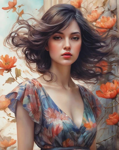 girl in flowers,fantasy portrait,beautiful girl with flowers,flora,fantasy art,world digital painting,falling flowers,mystical portrait of a girl,romantic portrait,orange blossom,flower painting,girl in a wreath,girl in the garden,rosa ' amber cover,tiger lily,flower fairy,floral background,young woman,faery,portrait background,Conceptual Art,Fantasy,Fantasy 28
