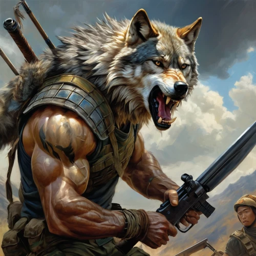 wolf hunting,barbarian,wolf,gray wolf,wolfdog,wolf bob,howling wolf,lone warrior,tervuren,cat warrior,warlord,leopard's bane,saarloos wolfdog,fury,wolves,scar,war veteran,carpathian shepherd dog,warrior,wild dog,Illustration,Realistic Fantasy,Realistic Fantasy 03