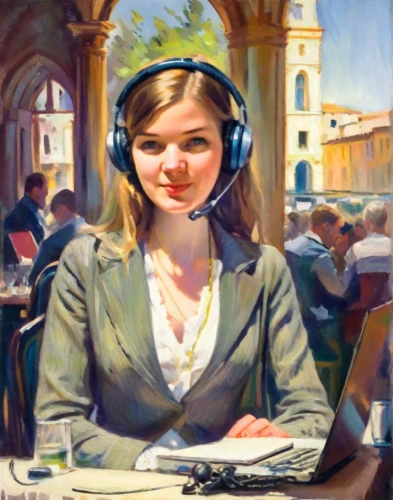 girl at the computer,headset,woman at cafe,wireless headset,girl studying,journalist,librarian,headphone,artist portrait,girl in a historic way,telephone operator,newsreader,announcer,scholar,ammo,silphie,twitch icon,headset profile,newscaster,woman eating apple