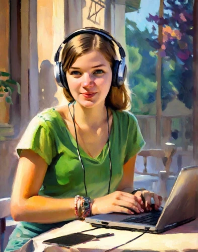 girl at the computer,girl studying,artist portrait,woman at cafe,world digital painting,girl portrait,librarian,girl drawing,headset,painting technique,wireless headset,portrait of a girl,telephone operator,computer art,twitch icon,journalist,custom portrait,operator,computer addiction,young woman