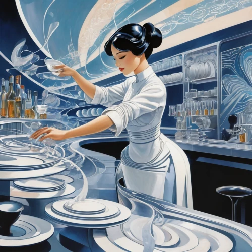laundress,washing dishes,saucer,dishes,wash the dishes,art deco woman,girl in the kitchen,teacups,cheesemaking,sci fiction illustration,meticulous painting,woman holding pie,flying saucer,epcot center,vintage dishes,art deco,white cosmos,in the dish,star kitchen,housework,Conceptual Art,Sci-Fi,Sci-Fi 24