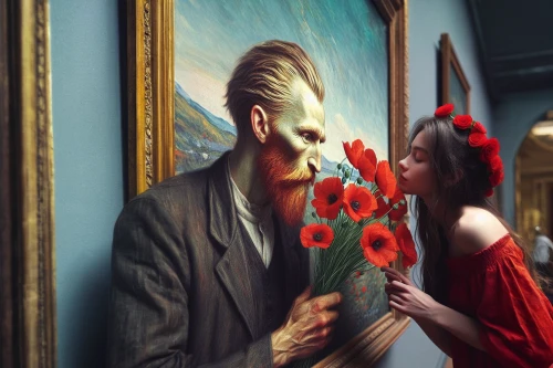 romantic portrait,photo manipulation,photomanipulation,art painting,conceptual photography,red poppy,photoshop manipulation,man in red dress,flower of passion,art gallery,surrealism,admired,popular art,way of the roses,red poppies,meticulous painting,remembrance day,photo painting,coquelicot,red carnation