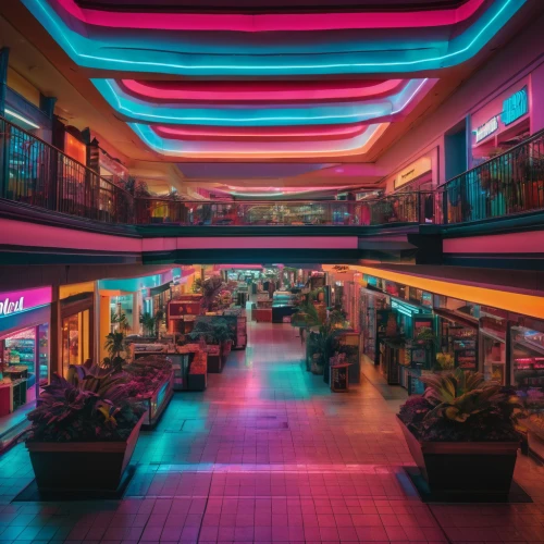 colored lights,shopping center,shopping mall,food court,neon coffee,albuquerque,toy store,neon lights,retail,80s,shops,ufo interior,neon cocktails,central park mall,mall,neon candies,neon,arcades,colorful light,shopping street,Photography,General,Fantasy
