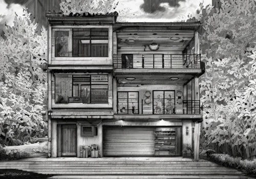 house drawing,wooden house,timber house,an apartment,tenement,garden elevation,stilt house,house in the forest,house with lake,apartment house,wooden facade,inverted cottage,wooden houses,two story house,house by the water,gray-scale,wooden construction,japanese architecture,pencil drawing,beach house,Art sketch,Art sketch,Concept