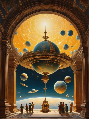 copernican world system,planetarium,planetary system,planets,the solar system,sci fiction illustration,airships,musical dome,solar system,stargate,golden scale,globes,travelers,celestial bodies,geocentric,viewing dune,cosmos,freemasonry,saturn,space art,Art,Classical Oil Painting,Classical Oil Painting 42