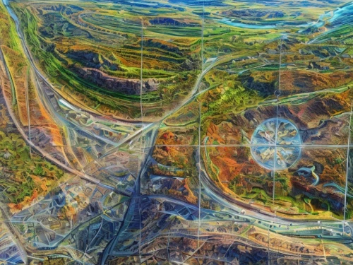 highway roundabout,virtual landscape,winding roads,futuristic landscape,energy field,roundabout,aerial landscape,roads,autobahn,trip computer,computer art,panoramical,terraforming,meanders,ski resort,mountain pass,cartography,bird's-eye view,infrastructure,utopian,Common,Common,Natural