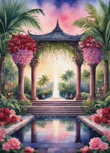 tropical bloom,tropical house,tropical floral background,landscape background,garden of eden,flower background,secret garden of venus,floral background,japanese floral background,芦ﾉ湖,flower garden,tropical island,oasis,spring background,flower dome,palm garden,tropical flowers,camellias,palm lilies,paradiso,Illustration,Realistic Fantasy,Realistic Fantasy 08