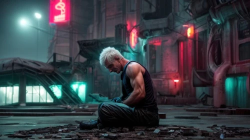 cyberpunk,man praying,2d,kakashi hatake,kowloon city,mohawk,would a background,sorrow,trunks,boy praying,dystopian,concept art,crouching,digital compositing,beaten down,black city,destroyed city,desolate,the fallen,desolation,Common,Common,Natural