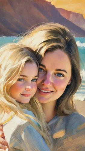 photo painting,beach background,olallieberry,oil painting,oil painting on canvas,custom portrait,world digital painting,portrait background,mom and daughter,in photoshop,two girls,mother and daughter,oil on canvas,adobe photoshop,lindos,the girl's face,photoshop,digital painting,art painting,colored pencil background