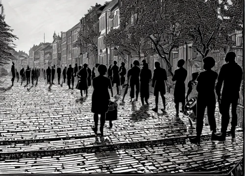 people walking,auschwitz,auschwitz i,auschwitz 1,pedestrian,pedestrians,parallel worlds,photomontage,a pedestrian,multiple exposure,surrealism,parallel world,morning illusion,andreas cross,walking man,escher,human chain,panoramical,holocaust memorial,holocaust,Art sketch,Art sketch,Woodcut