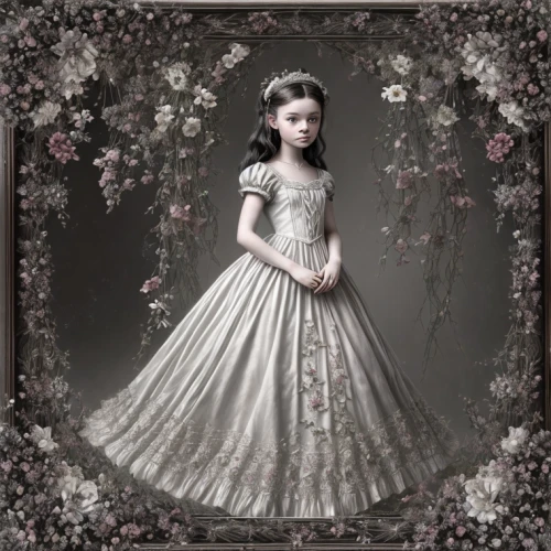 bridal clothing,flower girl,fairy queen,white rose snow queen,quinceañera,rosa 'the fairy,vintage lavender background,debutante,fairy tale character,victorian lady,princess sofia,eglantine,little princess,victorian style,ball gown,mystical portrait of a girl,little girl fairy,tulle,gothic portrait,rosa ' the fairy