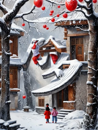 korean village snow,snow scene,christmas landscape,chinese art,christmas scene,winter village,christmas snowy background,christmas snow,santa and girl,snow landscape,winter house,christmas town,winter background,janome chow,snowfall,winter festival,christmas motif,christmas bell,japanese art,chinese architecture