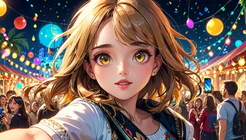 girl with speech bubble,anime cartoon,anime 3d,world digital painting,amusement park,cute cartoon image,tsumugi kotobuki k-on,anime,funfair,anime japanese clothing,the girl's face,fairground,alice,anime girl,carousel,illustrator,children's background,creative background,doll's festival,city ​​portrait,Anime,Anime,General