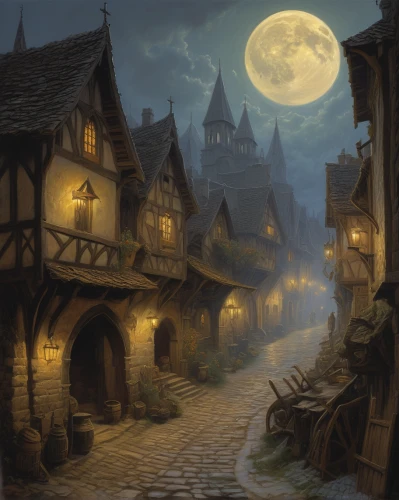 medieval street,medieval town,fantasy landscape,fantasy picture,fantasy art,knight village,night scene,the cobbled streets,aurora village,hamelin,moonlit night,old town,medieval,medieval architecture,witch's house,bremen town musicians,fantasy city,world digital painting,hogwarts,halloween background,Illustration,Realistic Fantasy,Realistic Fantasy 03