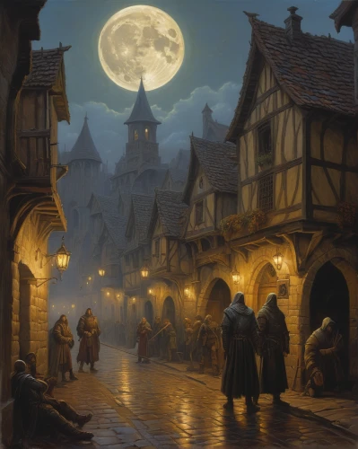 medieval street,the pied piper of hamelin,medieval town,hamelin,the cobbled streets,night scene,bremen town musicians,knight village,fantasy picture,medieval market,medieval,medieval architecture,fantasy art,fantasy landscape,mont st michel,fairy tale,escher village,moonlit night,middle ages,old town,Illustration,Realistic Fantasy,Realistic Fantasy 03