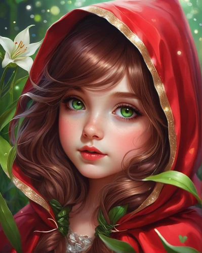 little red riding hood,red riding hood,fantasy portrait,fairy tale character,flora,fae,rosa 'the fairy,lilly of the valley,red coat,fairy tale icons,portrait background,faery,mystical portrait of a girl,romantic portrait,lily of the field,acerola,eglantine,rose flower illustration,flower fairy,red petals,Conceptual Art,Fantasy,Fantasy 03